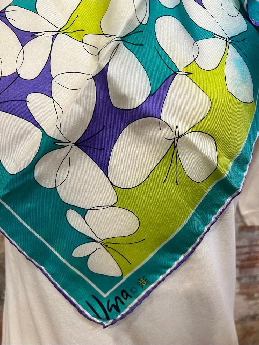 Vintage Vera Neumann Silk Scarf in Teal, Lime & Purple with butterfly motif.